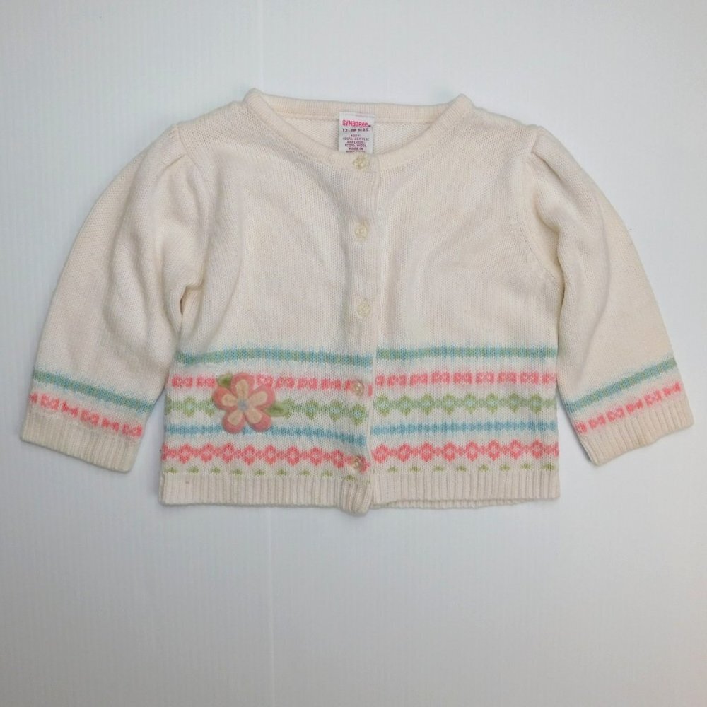 Gymboree Cream Button knit Flower Stripe Cardigan Sweater Baby Girl 12-18 Months